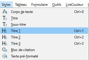 Sélection du style de titre dans LibreOffice WRITER