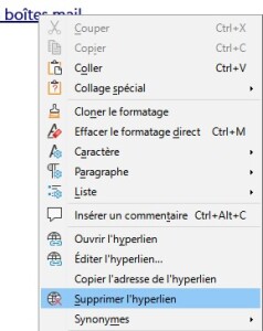 Commande pour supprimer un lien dans LibreOffice WRITER