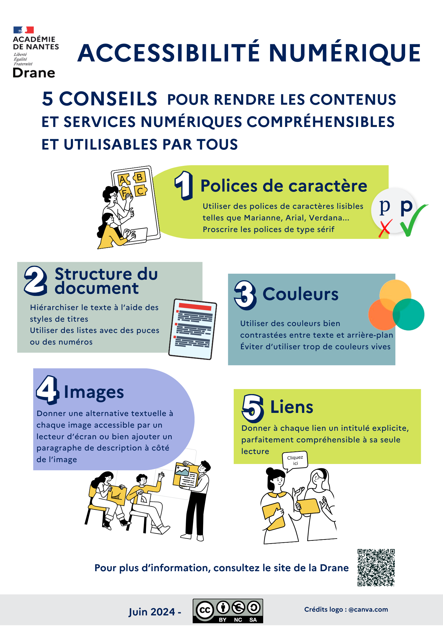 Affiche présentant les 5 conseils pour rendre les contenus et services numeriques accessible pour tous