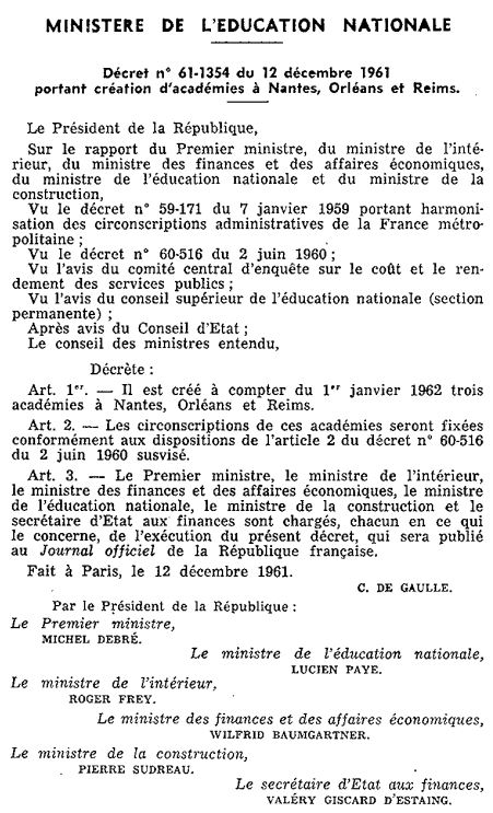 décret du 12 décemebre 1961 création de l'académie de Nantes