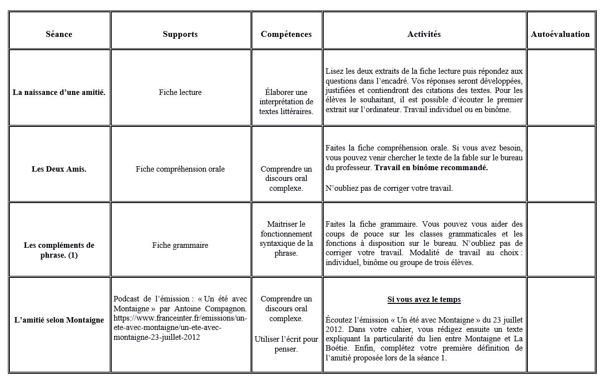 Portail Pedagogique Lettres L Amitie En Question Construire Une Sequence Avec Deux Plans De Travail