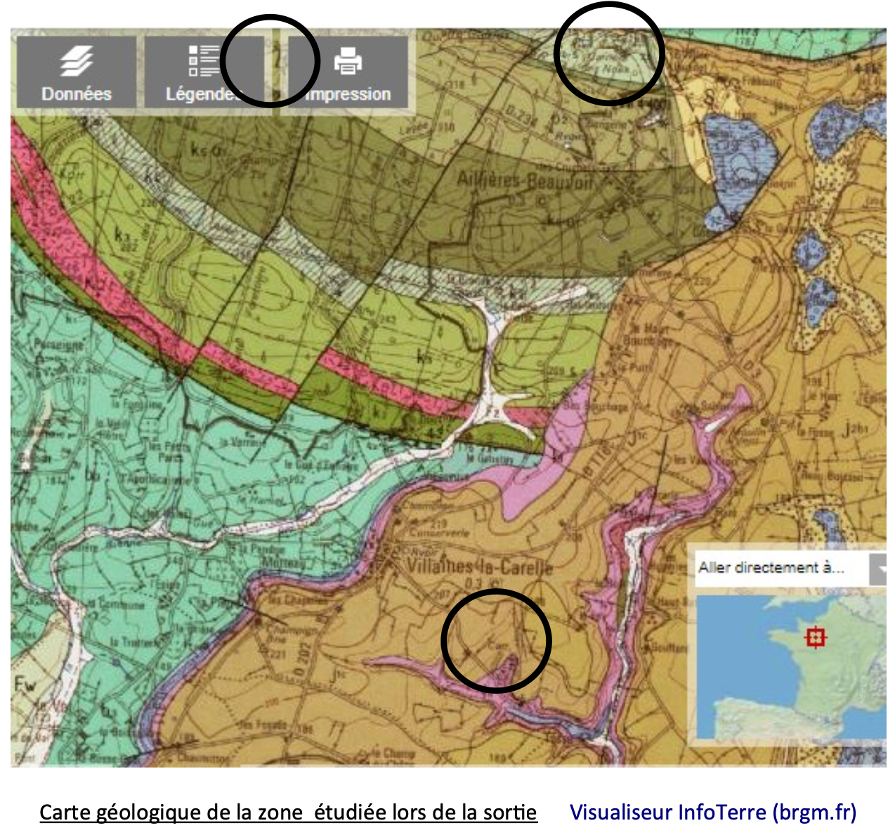 Carte de localisation des trois sorties de terrain Nord Sarthe