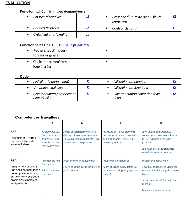 fiche d'évaluation prenant en compte les compétences