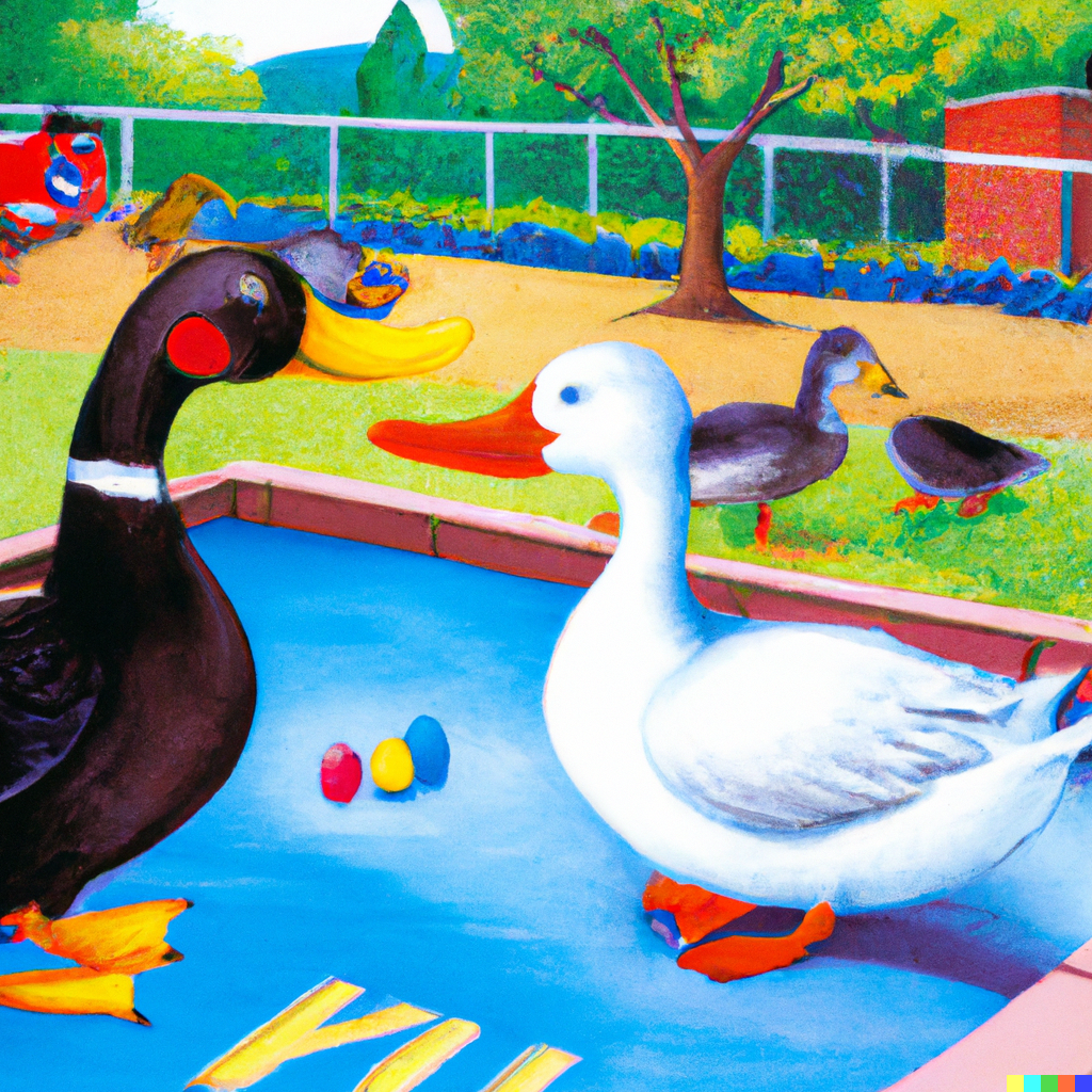 Portail P Dagogique Pratique D Une Langue Vivante Trang Re Semaine   Dall E 2023 01 16 15 14 10 An Painting Of A Duck And A Goose Playing Together In A Schoolyard 1678788066348 Png