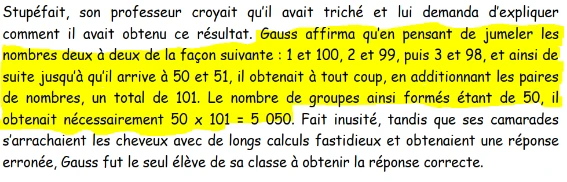 Un texte avec le professeur de Gauss qui pensait qu'il avait triché