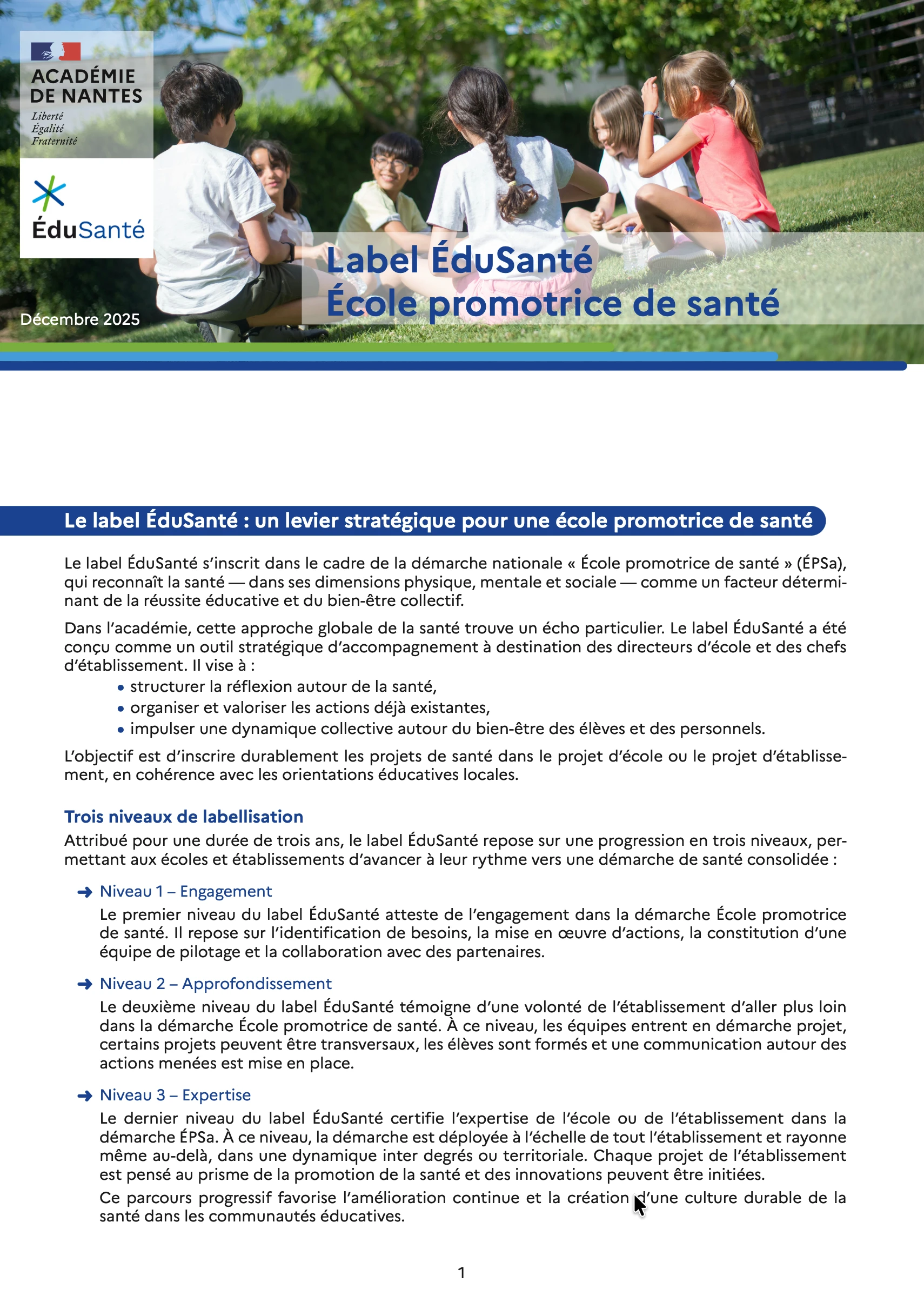 Télécharger le livret de labellisation EduSanté